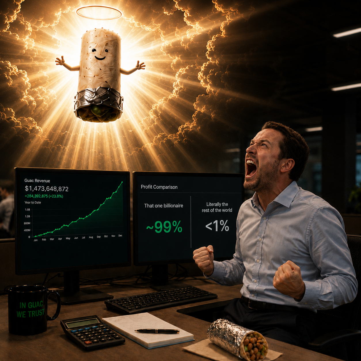 A delighted accountant watches an angelic burrito rise above financial charts